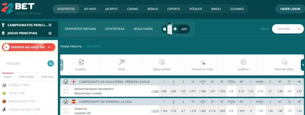 Esportes Disponíveis para Apostas na 22Bet